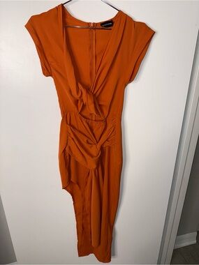 PrettyLittleThing Burnt Orange Twist Front Ruched Midi Cocktail Dress Fall Color
